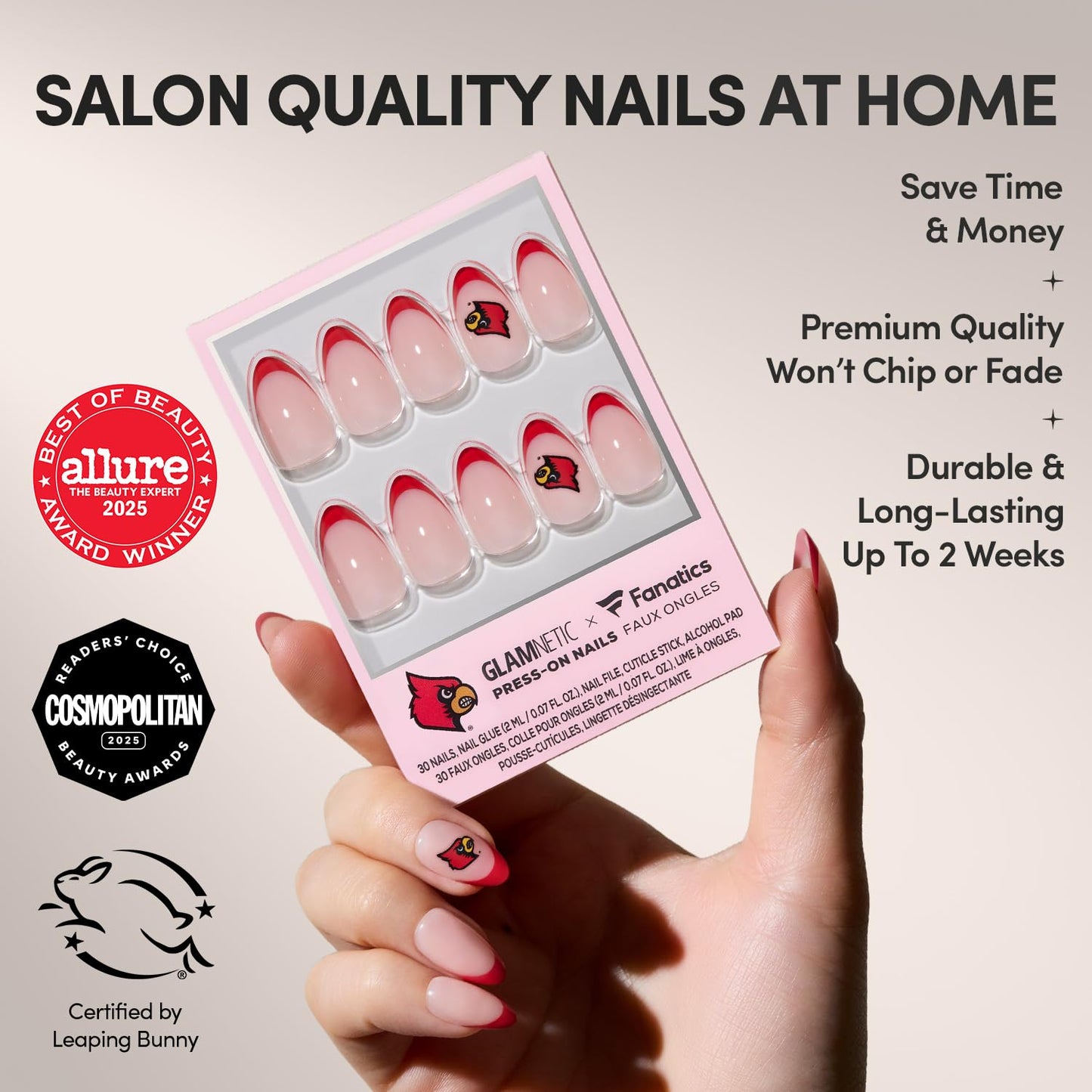 Fanatics x Glamnetic Press On Nails - University of Louisville Cardinals | Short Almond Fake Nails, Collegiate Cardinals Red French Tips, College Nails Salon-Quality | 15 Sizes - 30 Nail Kit with Glue