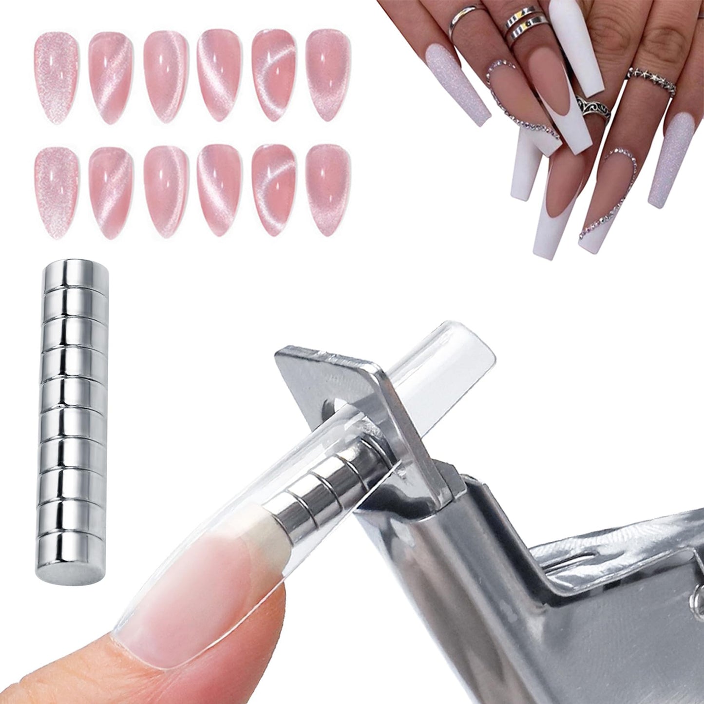 WEILUSI 70PCS Cat Eye Nail Magnet Set, 27 Square & 20 Beads & 12 Striped Gel Nail Polish Magnets, 10 Round Magnets for Stainless Nail Clipper, 3 in 1 Nail Magnet Wand for Home Salon Nail Art Tools