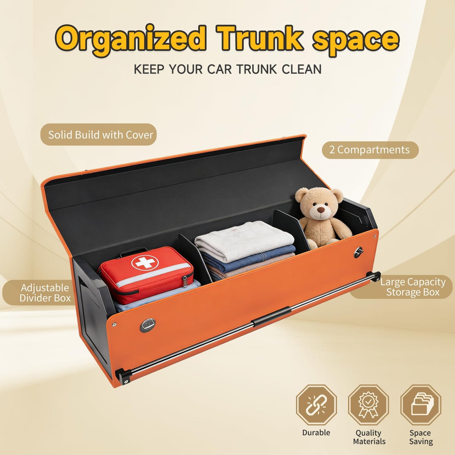 XCF Car Trunk Organizer, Collapsible Sturdy Trunk Storage Container with Lid and Handle Large Leather Car Trunk Storage (Orange, 39.7 x 11.4 x 12.2in)
