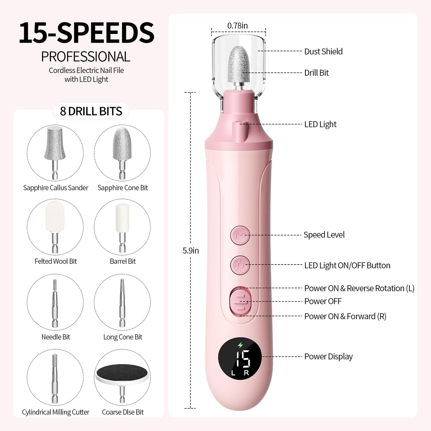 Electric Nail Drill Kit, Nail Filer Electric with LCD & Lamp, Rechargeable Pedicure Tools for Feet, Toenail Grinder for Thick Toenails, Cordless Nail Dremel Tools for Women & Men