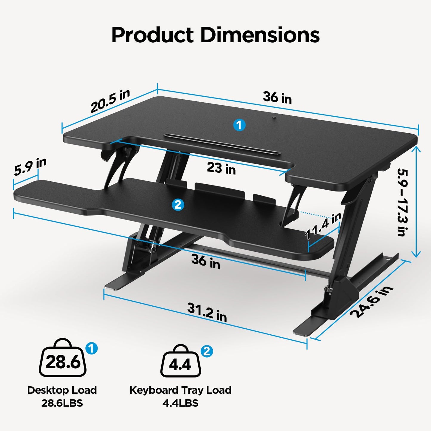 HUANUO 36" Z Shaped Stable Standing Desk Converter, Height Adjustable Sit Stand Up Desk Riser, Dual Monitor and Laptop Workstation with Wide Keyboard Tray, Desk Lifter for Home Office