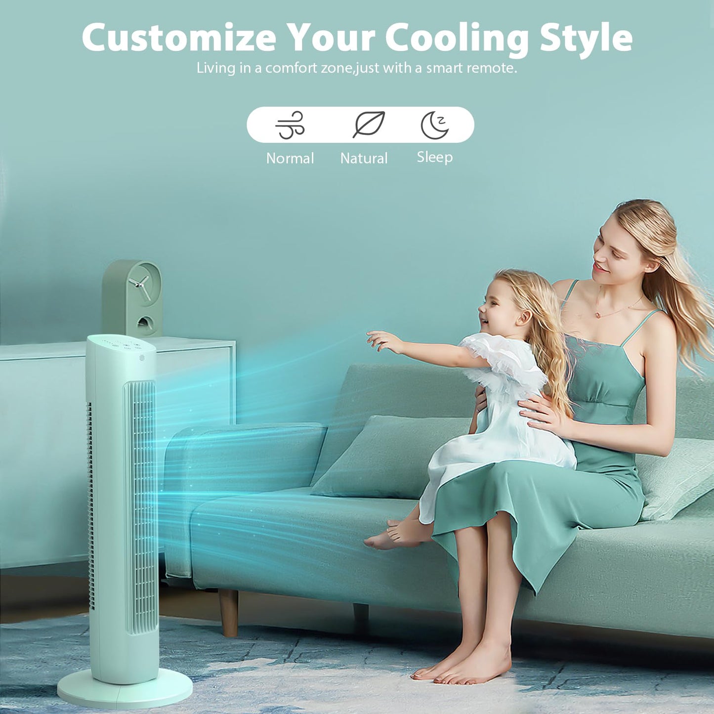 Antarctic Star Tower Fan 85°Oscillating Quiet Cooling 15H Timer Remote Control Powerful Standing 3 Wind Speed 3 Wind Modes LED Display Bladeless Portable LED Display,Bedroom Office, Green