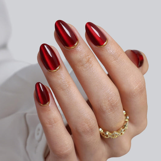 Dark Red Cat Eye Press on Nails Almond - SHANGMENG Soft Gel 3D Gold Foil Short Nails for Women Gift, Glossy Glue on Nails with Glue in 16 Sizes - 32 Reusable Fake Nails, Champagne & Cherries