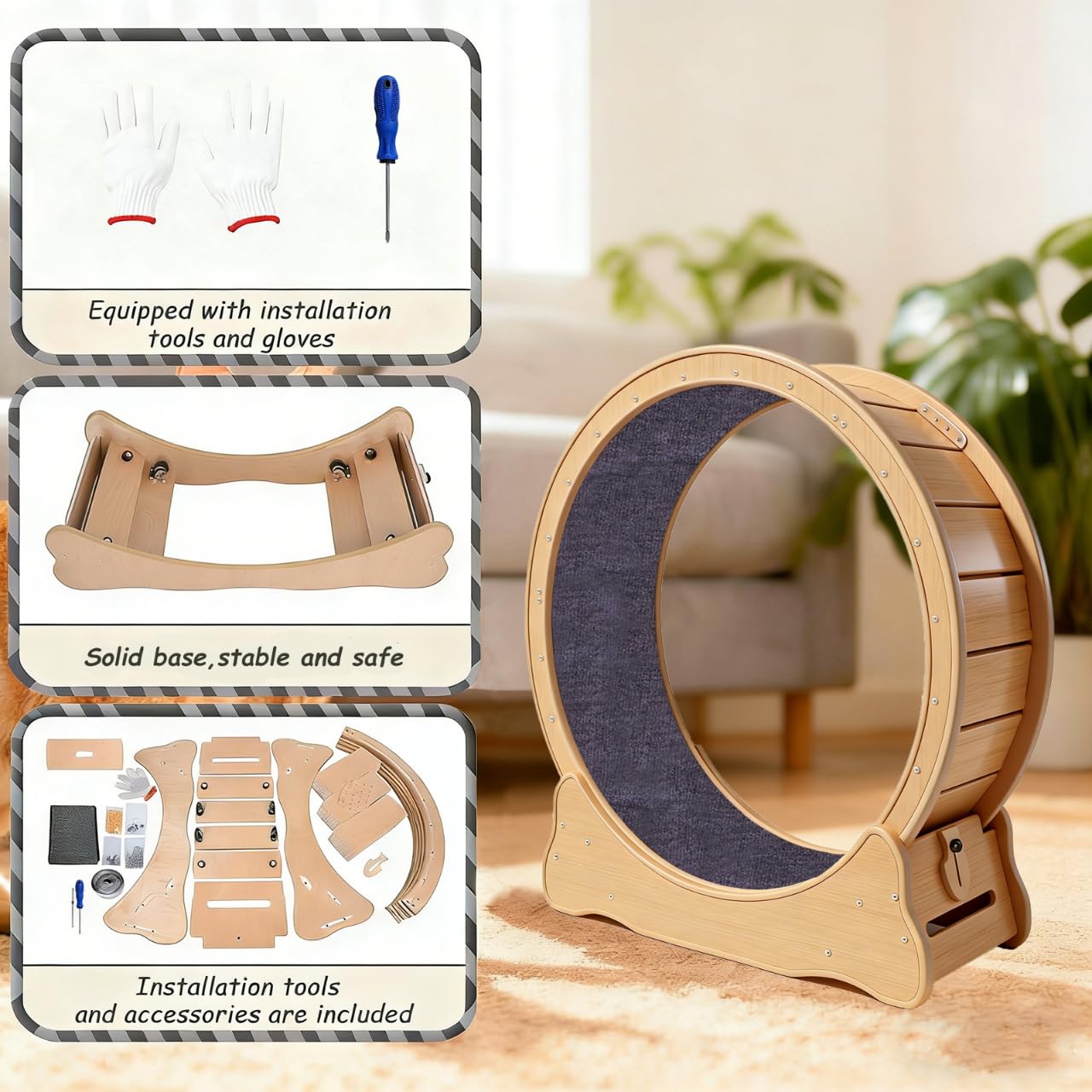 ZooVibe Cat Exercise Wheel Large - 35.4'' Wooden Treadmill for Indoor Cats with Low Noise, Safety Lock, Detachable Carpet & Eco-Friendly Design for Fitness, Weight Loss and Entertainment