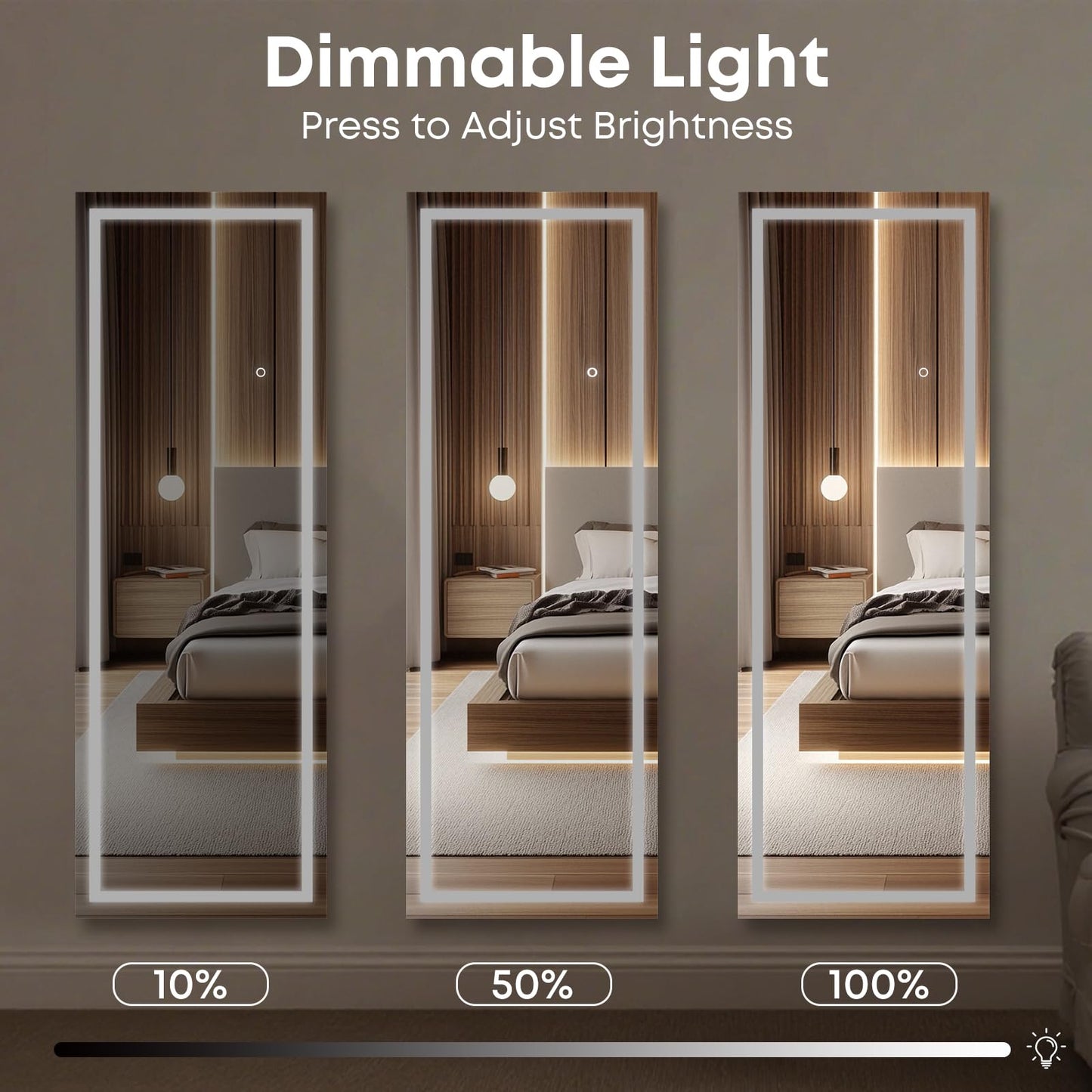 Kosmonia 65x22 Frameless Full Length Mirror, Dimmable 3 Color LED Light w/Memory Function, Distortion Free, HD Reflection & Anti Desilvering, Tempered Glass & Shatter Proof Film Doubling Safety