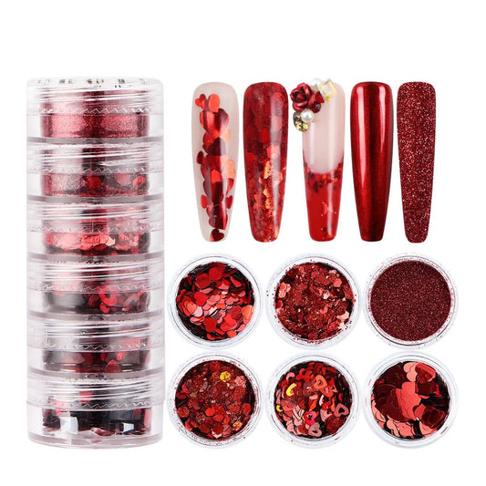LPOODDNU Valentines Nail Art Glitters Red Nail Sequins Valentine’s Day Nail Art Decorations 3D Heart Shape Nail Decals Romantic Red Glitters Flakes for Nails Supply DIY Craft Accessories, 6 Grids