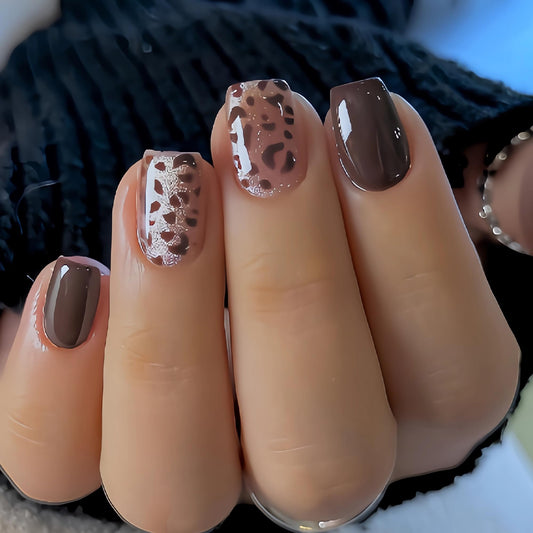 BABALAL Press on Nails Short Fake Nails Square - Brown Fall, Cheetah, Leopard, Acrylic, Glitter Bling, Glossy, 24Pcs Full Cover Artificial False Nails with Glue
