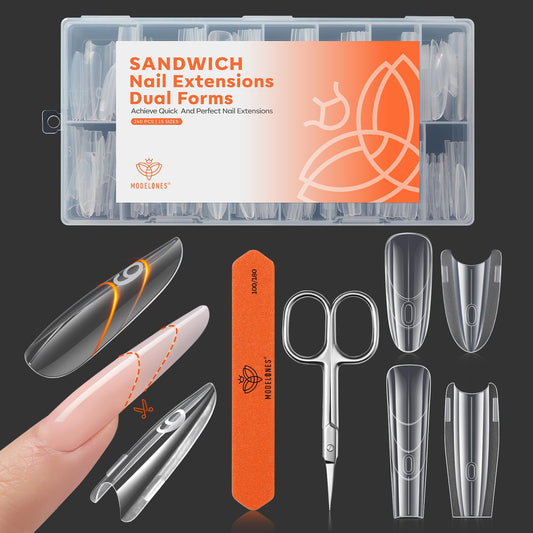 Modelones Poly Nail Gel Sandwich Nail Form Dual System, 240 Pcs Reusable Top & Bottom Oval Coffin Nail Forms with Guide Lines Side Locking Clips Stable Apex Control Builder Gel Structure Extensions