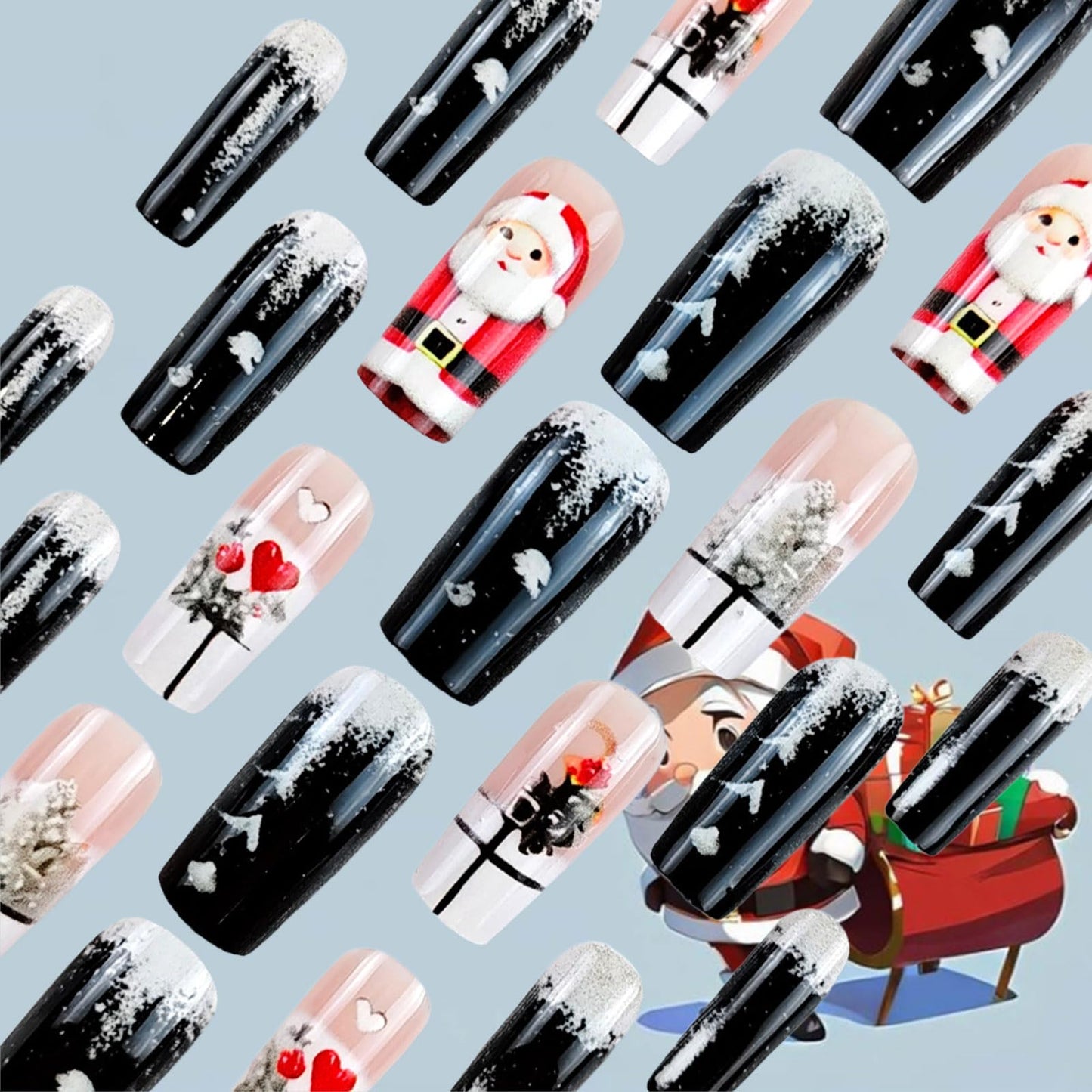 Santa Claus Press on Nails Christmas Medium Square False Nails 24Pcs Snowflake Stick on Fingernails Glossy Red Love Heart Acrylic Fake Nail Flower Gel Glue on Nail for Women Xmas Gift
