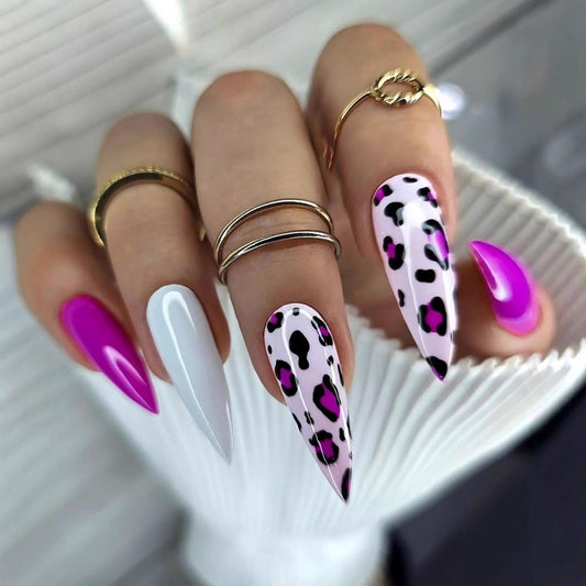 RUOKEXIN Almond Press on Nails Long Fake Nails Pink False Nails with Leopard Print Designs Stiletto Nail Press ons Sparkly Artificial Nails for Women 24Pcs