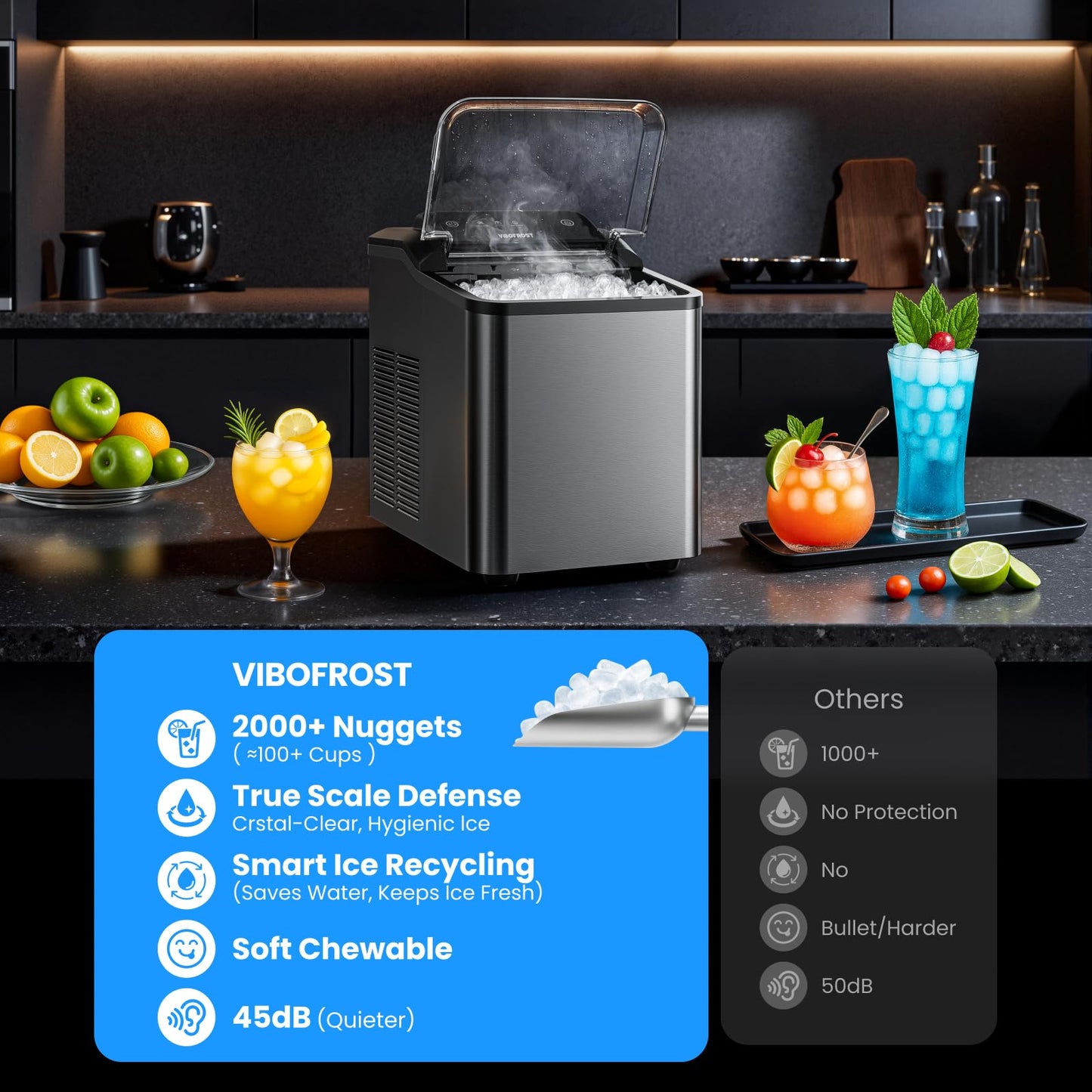 Nugget Ice Maker Countertop, 35lbs/24H Sonic & Chewable Pellet Ice, Portable Crushed Ice Machine, Self-Cleaning Anti-Scale System, 10 Cleaning Packets, Quiet Operation, Stainless Steel