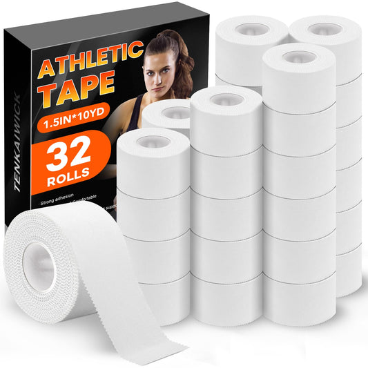 32 Pack Athletic Tape, White Sports Tape for Wrist Ankle Protection, Sports Tape Athletic No Sticky Residue, Easy to Tear Gymnastics Tape for Soccer, Football, Training Supplies (1.5" x 320 Yards)