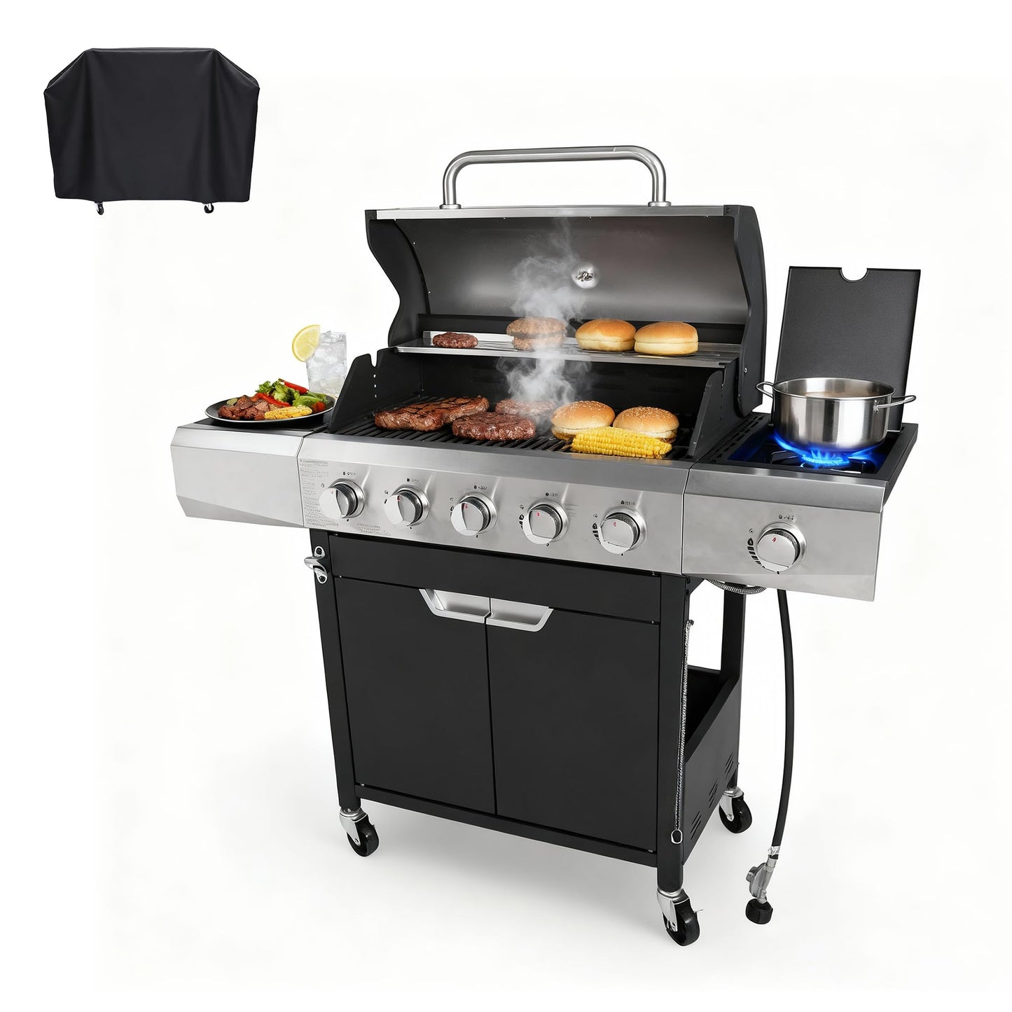 Endark Upgraded 58,500 BTU 5-Burner Stainless Steel Propane Gas Grill – Outdoor BBQ Grill with Side Burner & Porcelain Grates, Barbecue Grill Wheeled for Patio, Garden, Backyard
