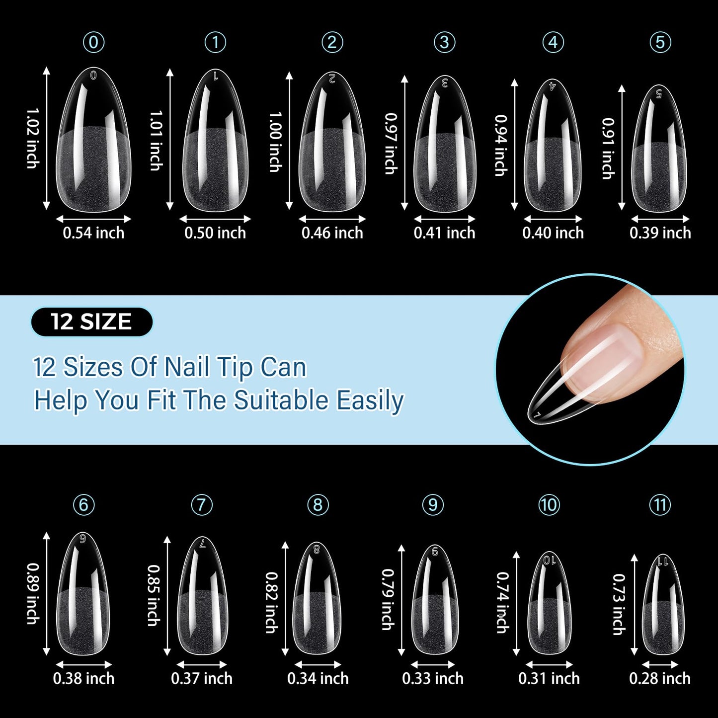 TOMICCA Medium Almond Nail Tips 240Pcs, 15 Sizes Full Cover Half Matte Pre-shapded Clear Gel Nails Wide Nail Bed Press On Nails for Home DIY Salon Beginner & Professional, Wedding Party Nails