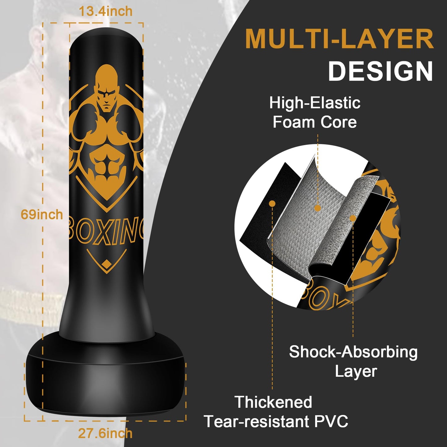 Vobab Freestanding Puncing Bags for Adults Teens, Heavy Bag with Stand Boxing Bag with Boxing Gloves, Electric Air Pump, Reflex Ball, 70" Kickboxing Bag for Training MMA Muay Thai Gym