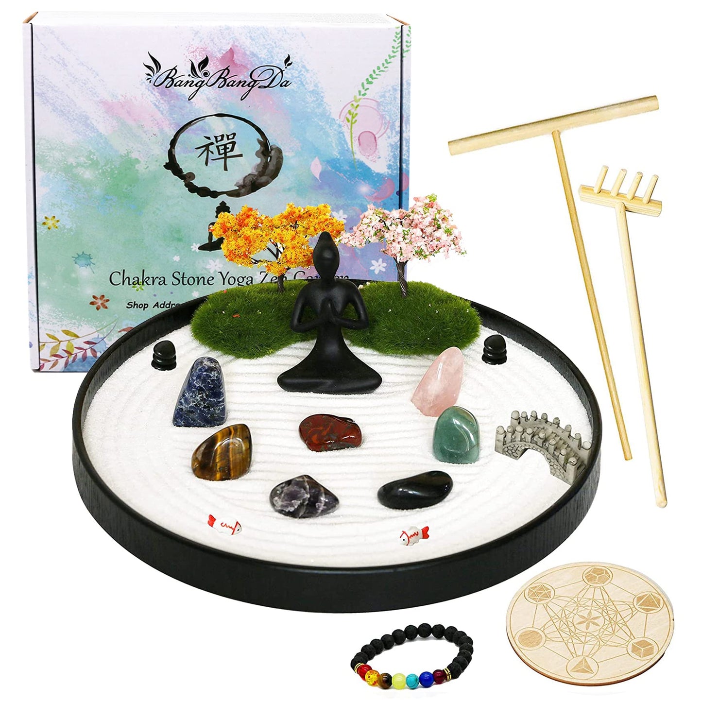 Zen Garden for Desk Tabletop Chakra Zen Healing Gifts Sand Tray Therapy Kit Set Japanese Decoration Crystal Quartz Rock Mini Garden Home Office Stress Relief Spiritual Decor Healing Gifts for Yoga