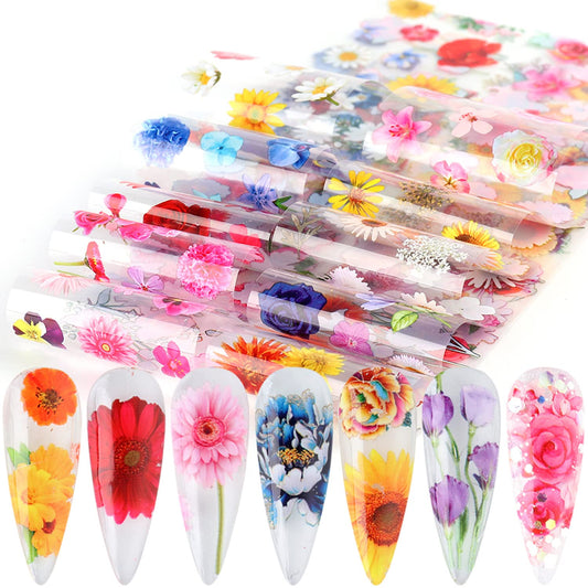 Colorful Flowers Nail Foil Transfer Stickers Sun Flower Foil Decals Rose Tulip Nail Art Sticker Floral Supplies for Women Manicure Tips Decorations Flowers Film 10 Sheets