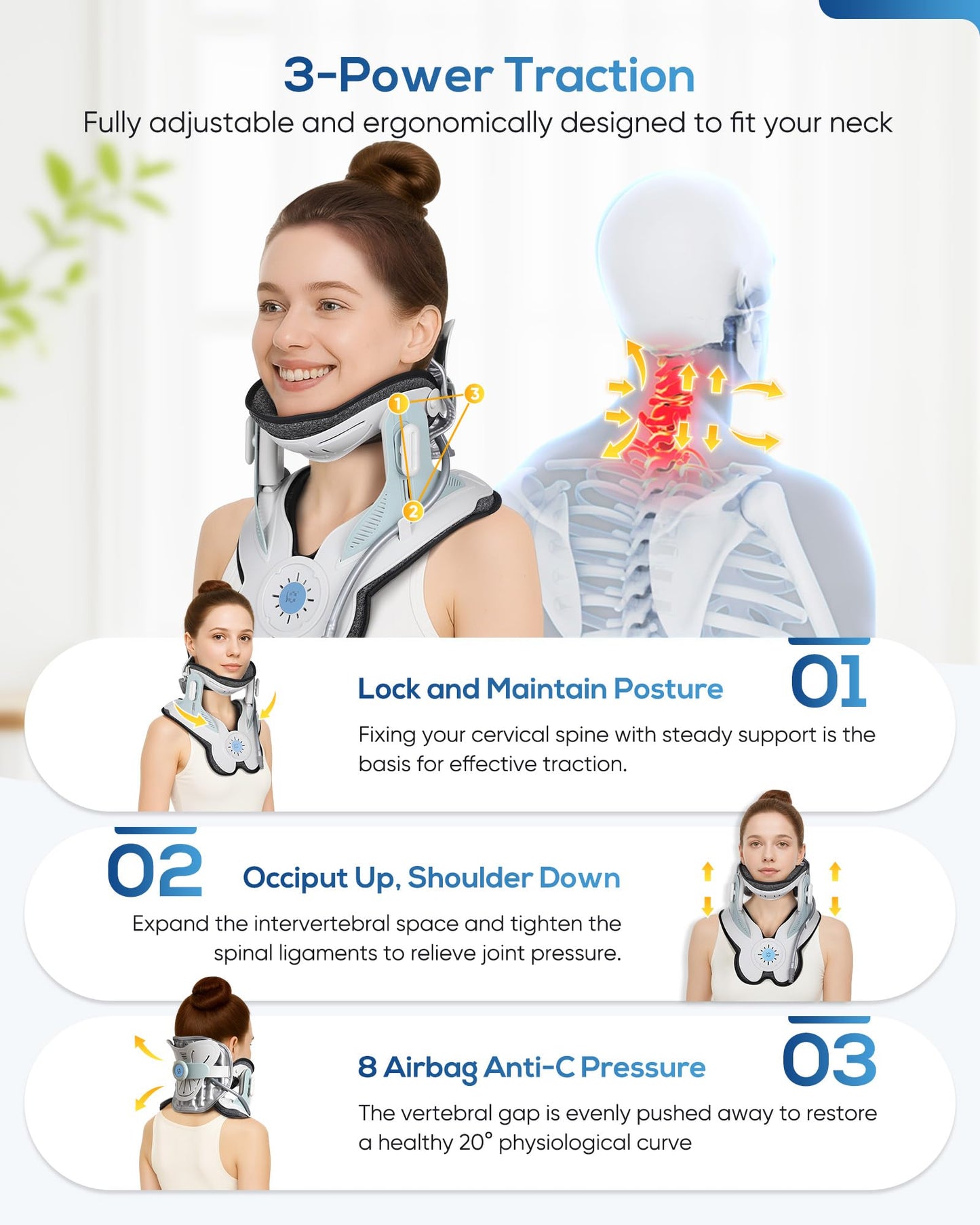 HygiVital 3-in-1 Cervical Traction Device, Neck Stretcher with Air Collar: Neck Pain Relief, Posture Correction & Spine Alignment in Minutes a Day - Portable Neck Brace with Manual Pump