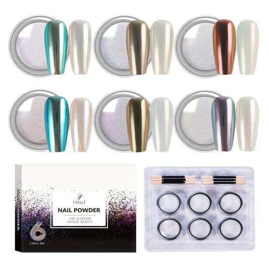 Chrome Nail Powder Pearl White Aurora Effect Metallic Mirror Moonlight Pigment Iridescent Glitter Kit for Gel Polish Nail Art Decoration, 6 Colors Set 0.5g/Jar