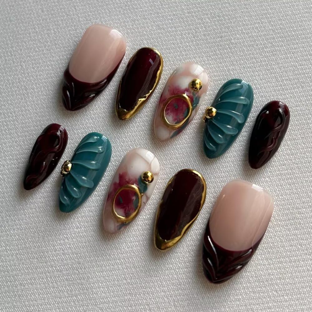 MAGLFELL Fall Press On Nails - Handmade GEL Medium Length Almond Fake Nails, Brown Rendering Painting Design, Reusable Artificial Almond False Nails for Women 10 Pcs Acrylic Nails Kit (Size M)