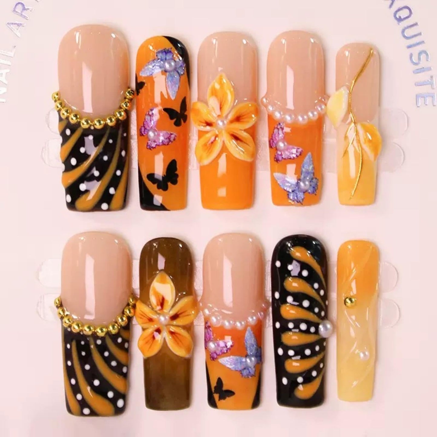 100% 5D Handmade Press on Nails with Charms Long Square Nails Press ons- French Tips False Nails Brown Flower Butterfly Pearl Charms Press on Nails for Women Girls Daily Wear DIY Manicure Size M