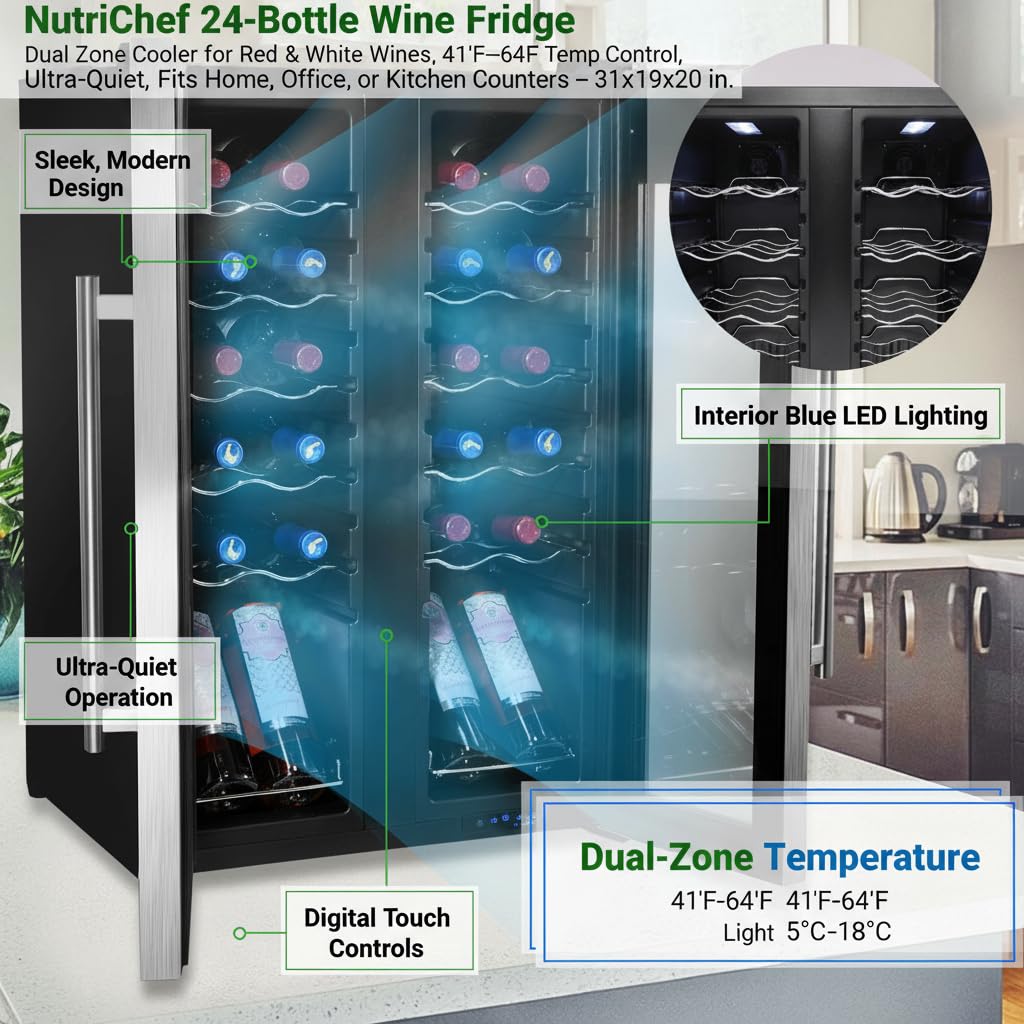 NutriChef 24-Bottle Wine Fridge – Dual Zone Cooler for Red & White Wines, 41°F–64°F Temp Control, Ultra-Quiet, Fits Home, Office, or Kitchen Counters – 31x19x20 in.