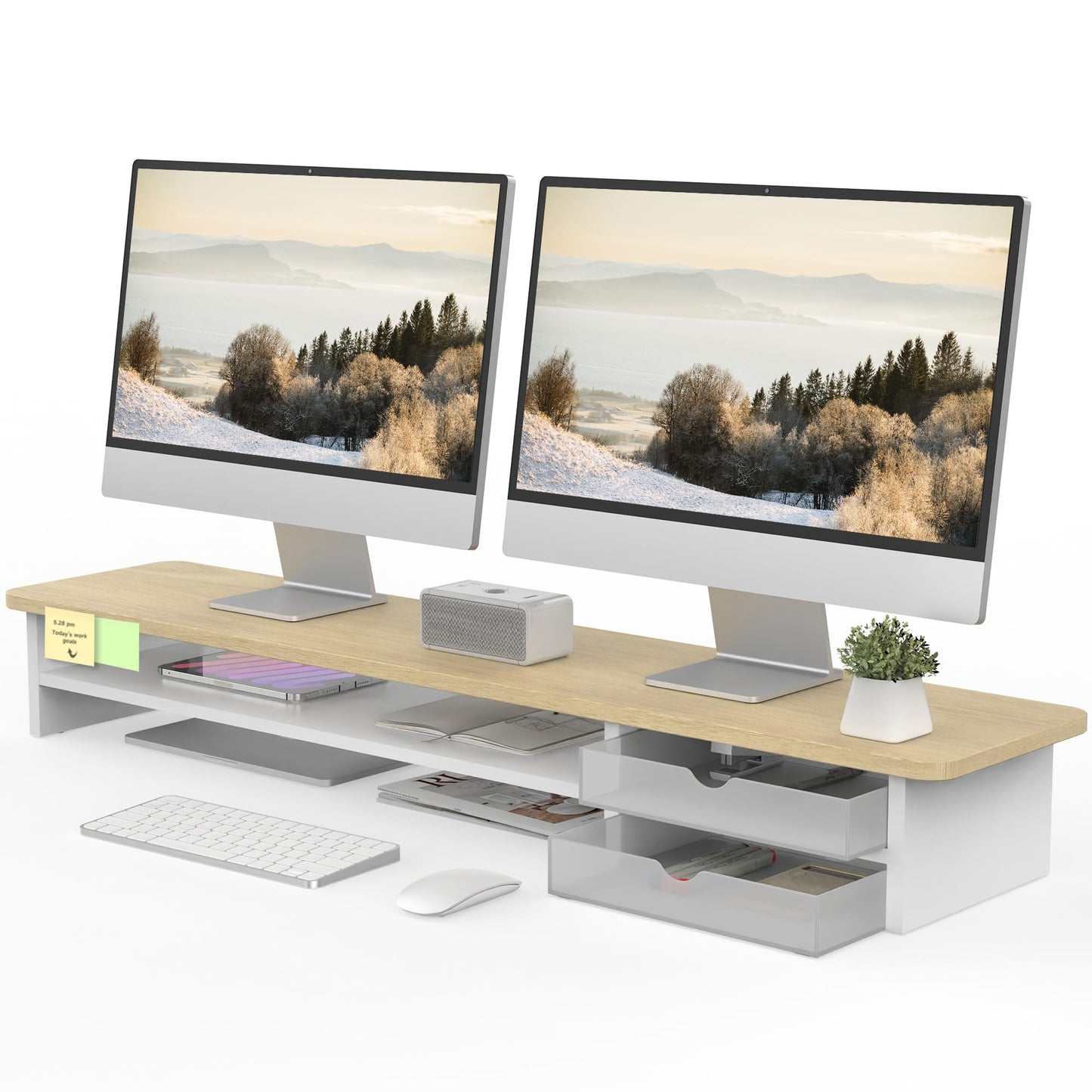 Fenge Monitor Stand, Dual Monitor Riser, 42.5inch Large Desk Computer Monitor Stand Riser with Drawer, 2 Tier Wood & Acrylic Desktop Organizer for Computer, Laptop, Printer, TV Screen Riser