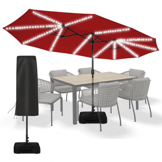 Sundale Outdoor Solar 15 ft 144 LED Olefin 5-Year-Non-Fading Patio Umbrella with Sandbag Base Included and Cover, Outdoor Double-Sided Umbrella with Lights, Red