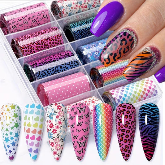 Leopard Print Nail Art Foils Transfer Stickers Spring Flowers Butterfly Nail Foils Adhesive Decals Nail Art Supplies Heart Star Polka Dot Starry Sky Paper Transfer Sliders for Women Nail Decorations