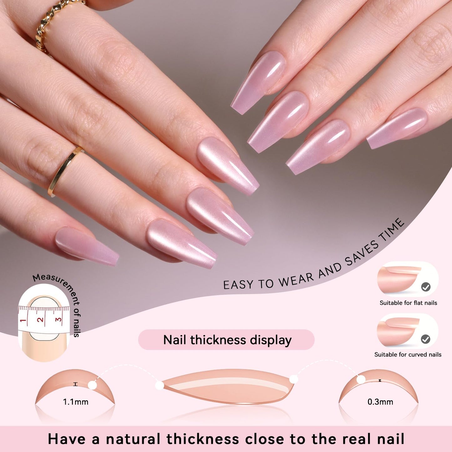 CUZIAM 150Pcs Cat Eye Press on Nails Coffin Medium, 5 Colors Natural Nude Pink Reusable Artificial Acrylic False Nails Glass Magnetic Long Lasting Gel Nail Tips,Fake Nails Manicure Kit for Women