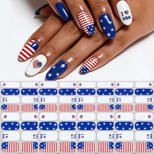 4th of July Nail Wraps Stickers Red Blue White Star Nail Strips Stickers Patriotic Nail Polish Strips Nail Accessories Independence Day Nail Art Supplies for Women DIY Manicure Nail Decoration 2Pcs
