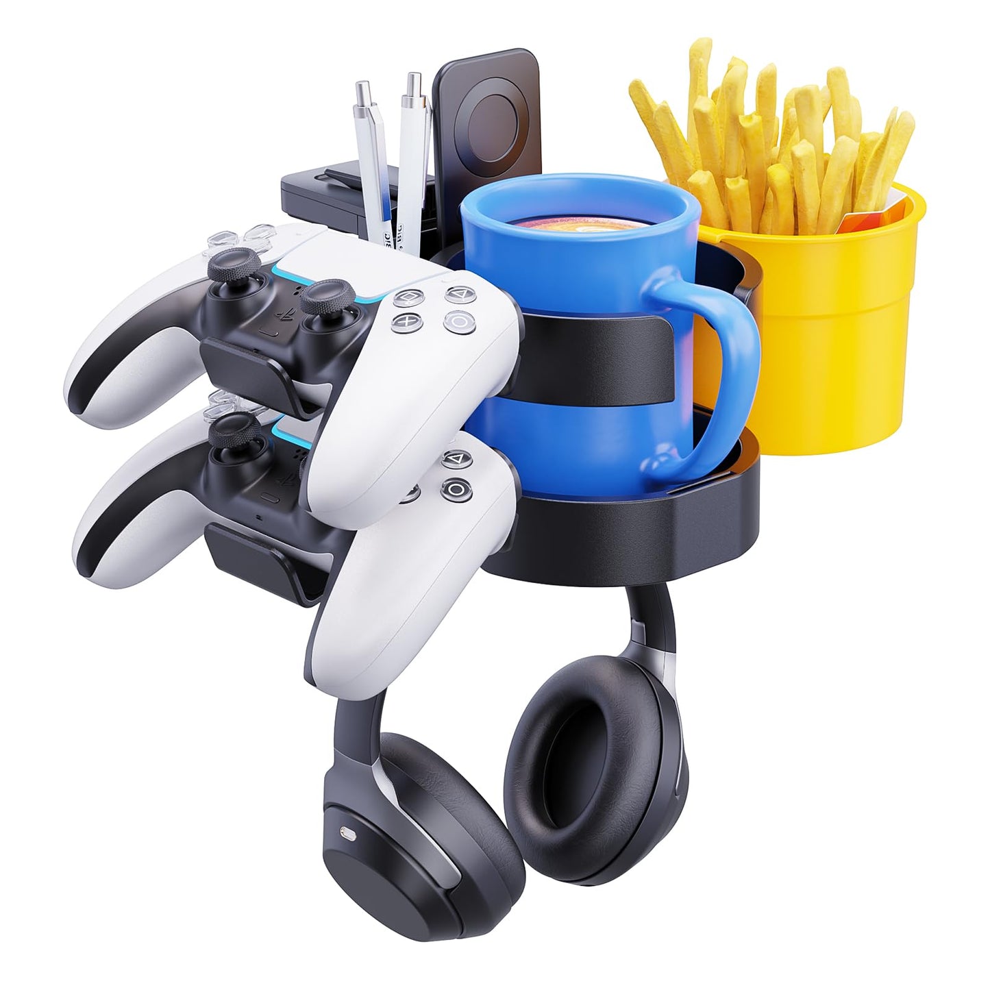 7-in-1 Desk Cup Holder - EURPMASK Organizer with Headphone, Controller Holder, Snack Bucket, and Phone Holder, Clamp-On Desk Accessory with Sturdy Large Storage, Easy to Install, Black