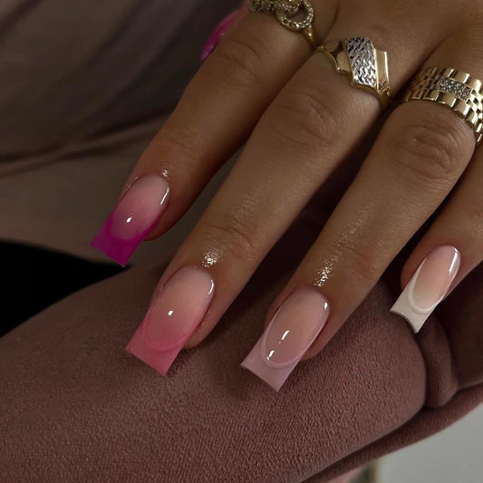 BABALAL Square Press on Nails Medium Fake Nails Purple Pink French Tip Glue on Nails 24Pcs Glossy Squoval Acrylic Nails Artificial Nails for Women and Girls