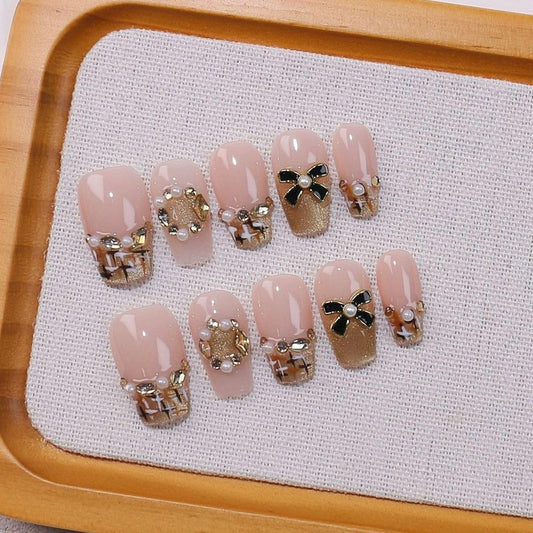 Threelegscat Short Handmade Press on Nails Coffin Stick on Nails with Rhinestone and Bow Designs Nude Press Ons Size L 10pcs