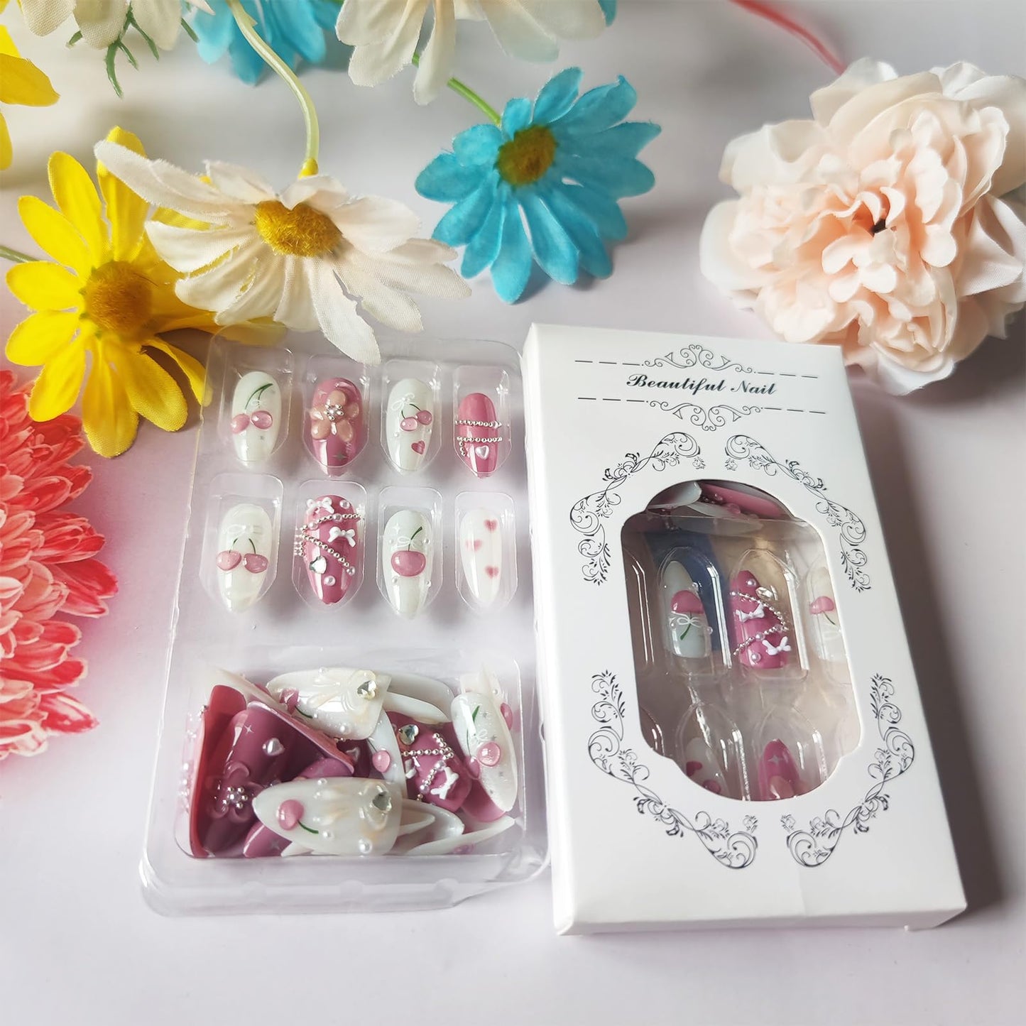3D Flower Acrylic Fake Nail HZJXRT Press on Nails Glossy Spark Pink Stick on Fingernail 24 Pcs Love Heart Rhinestones Gel Glue on Nail Cherry Medium Almond False Nails for Coquette Women Gift