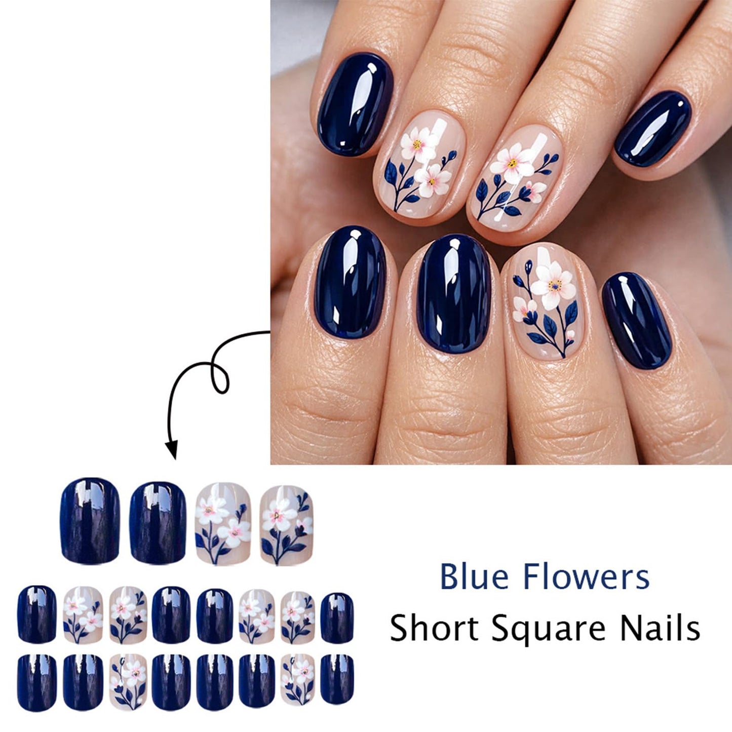 GCSQW Dark Blue Press on Nails Short Square Fake Nails with Cute Flowers Design Glossy Acrylic Nails Press ons, 24Pcs Summer Floral Stick on Nails for Women Manicure Daily Wear