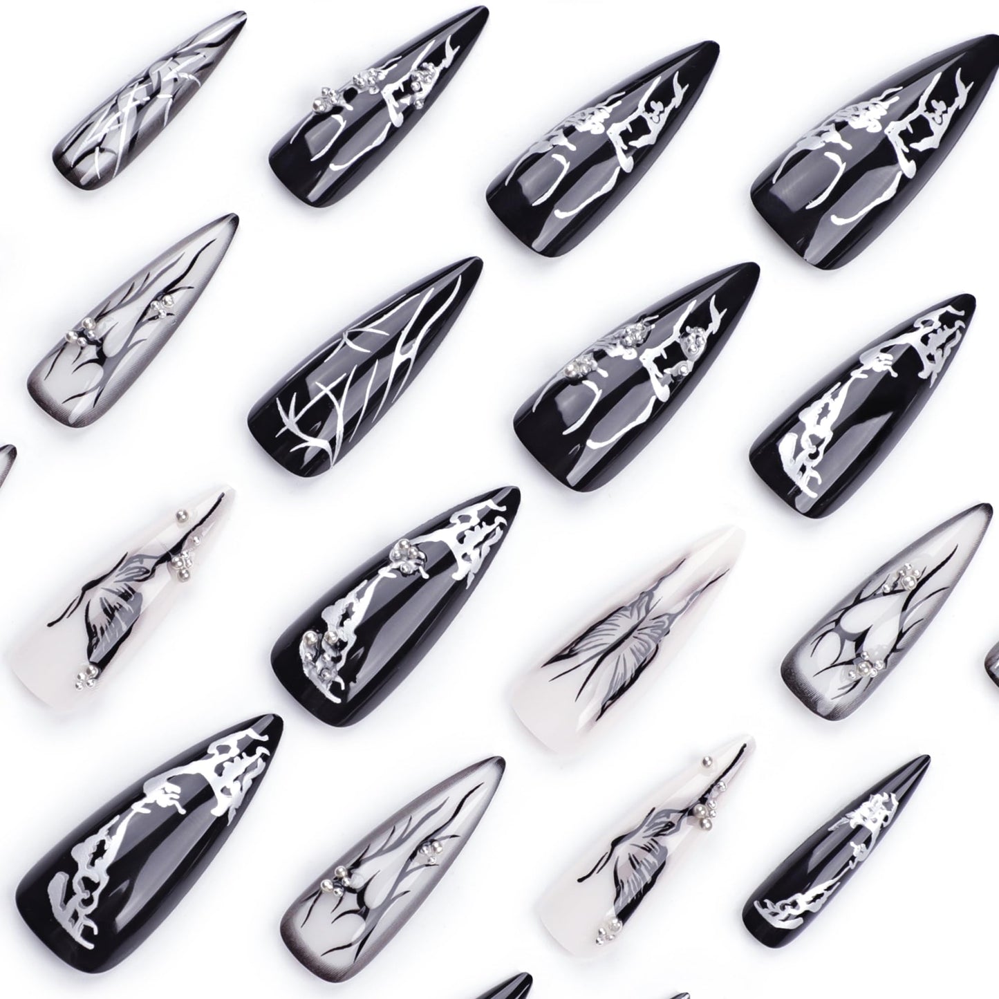 LTXHZYYL Black Press on Nails, 24 Pcs Long Black Almond Nails with Gothic Butterfly & Heart Design【Upgraded 】Reusable Full Cover False Nails Kit with Nail Glue (Dark Fantasy)