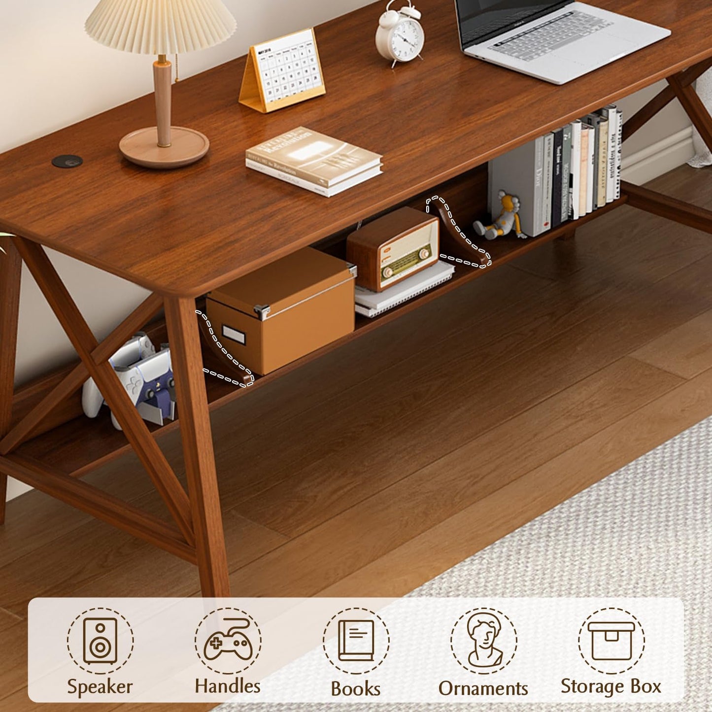 NELYE Extra Long Desk with Bookshelf - Wooden Home Office Work Study Table, 2-Person Writing Computer Workstation with Storage Shelf in Walnut, 63" Wx20 Dx30 H