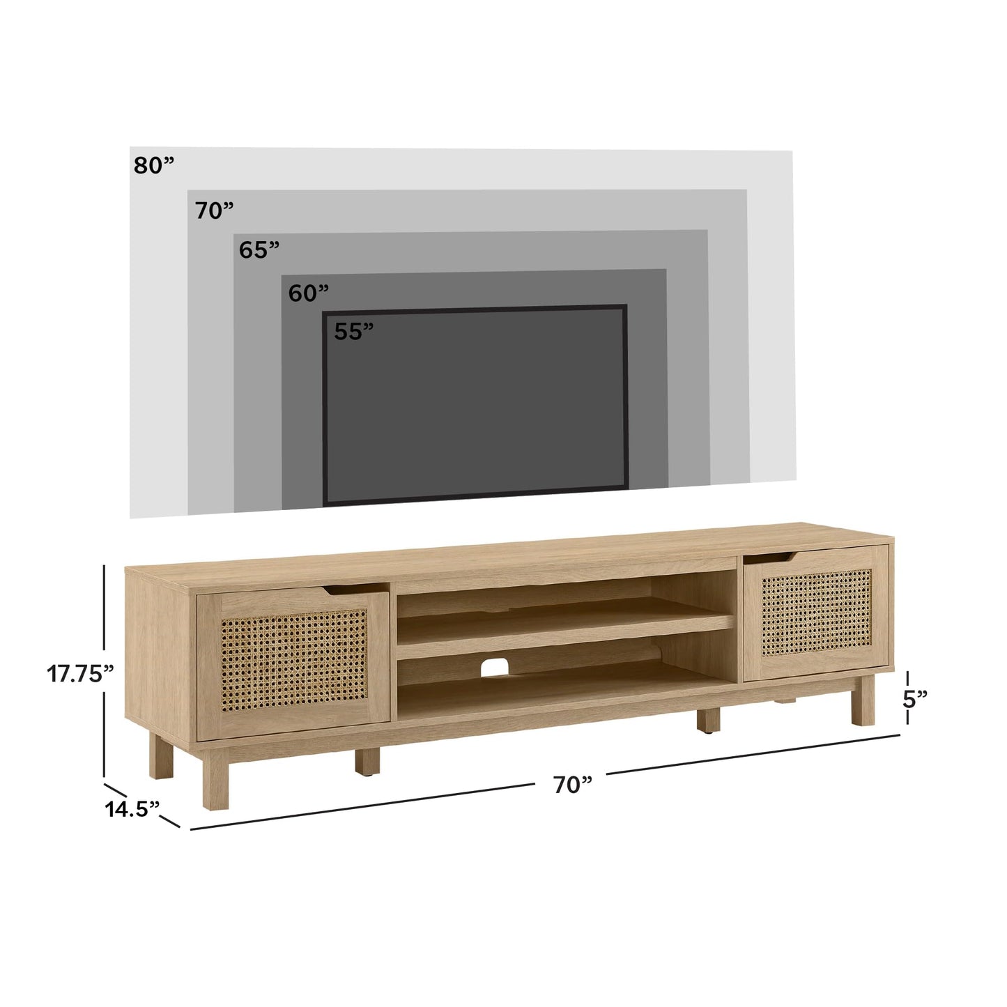Walker Edison Destin Modern Minimal Rattan-Door TV Stand for TVs up to 80 Inches, 70 Inch, Coastal Oak