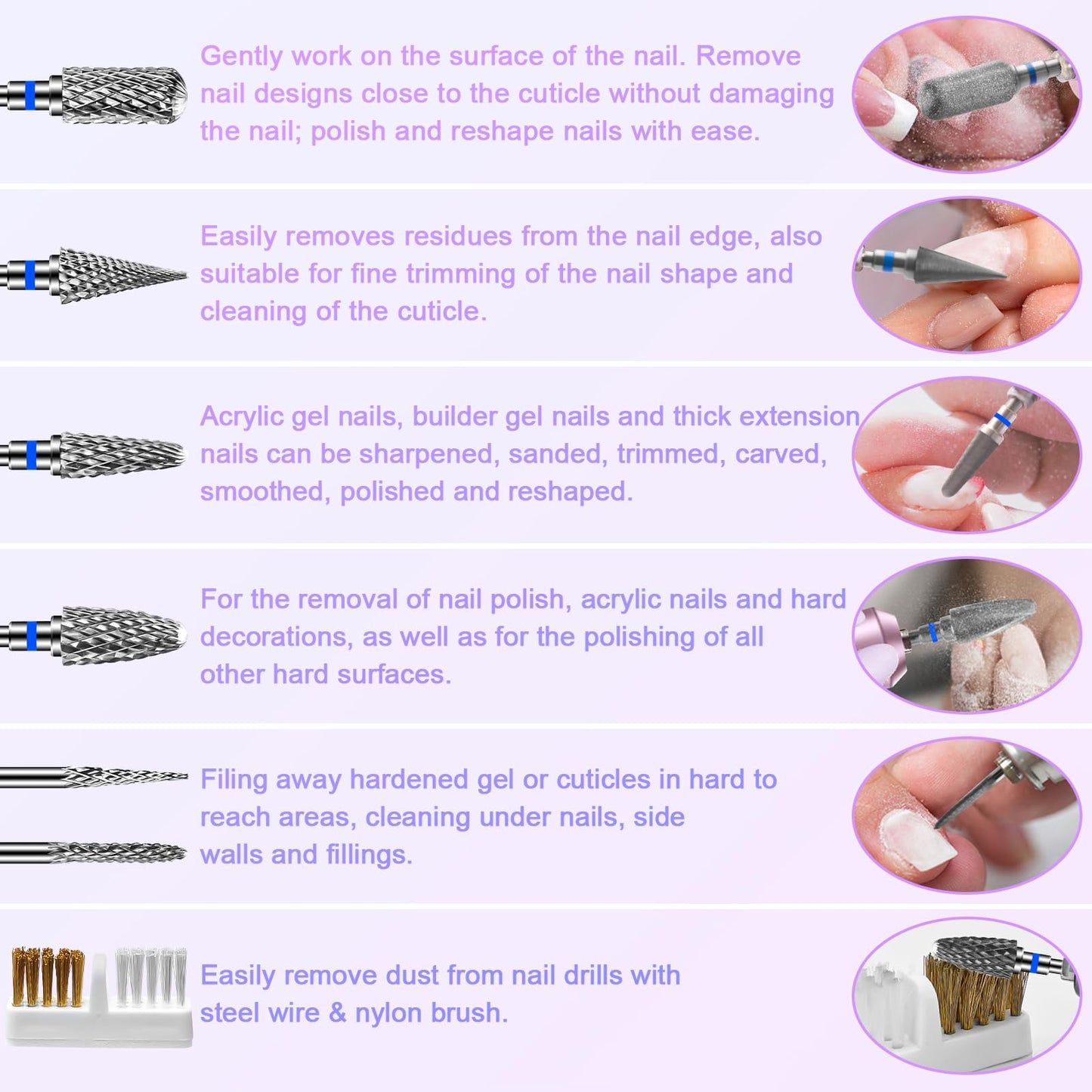 Diesisa 6 Pack Nail Drill Bits for Acrylic Nails, 3/32" Shank Drill Bits for Nails Professional Electric Cuticle Drill Bit, Cuticle Cleaner Nail Gel Polish Remover Tool for Home Salon Nail Bits-Blue