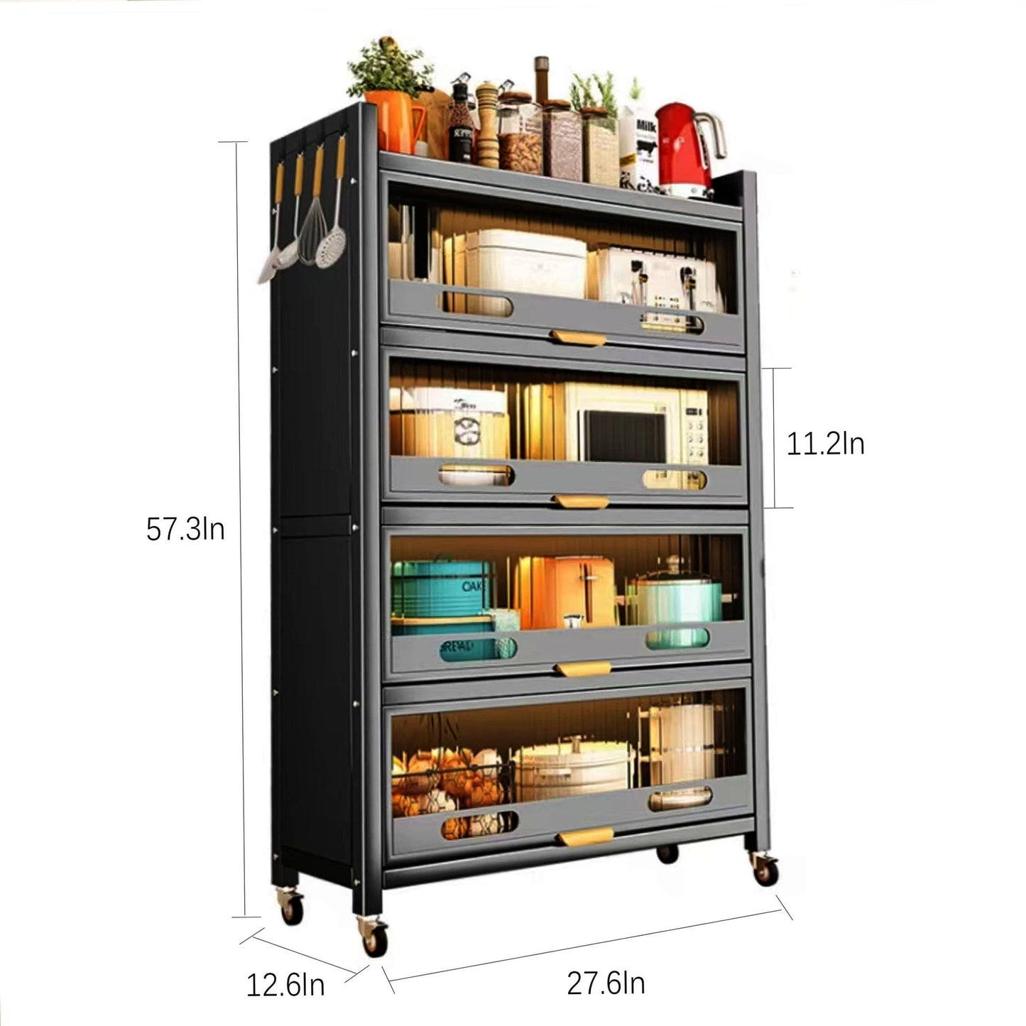 LXSJCYGJ 5-Tier Kitchen Storage Cabinet,Microwave Stand,Freestanding Kitchen Bakers Rack with 4 Rolling Casters,for Dining Room, Living Room and Study (Black, 12.6X 27.6X 57.3)