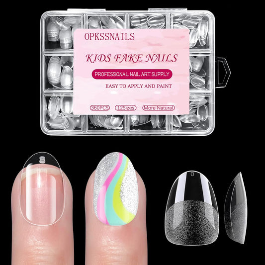 OPkssnails Short Kid Nail Tips,360Pcs Almond Soft Gel Nail Tips Pre-Shaped Press On Nails For Kids,Clear Acrylic Half Matte Full Cover Fake Nail For Kids DIY Extension & Salon Use12 Sizes