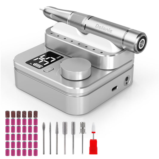 Delanie Electric Nail Drill Machine 35000 RPM, E File for Nails Professional with Magnetic Handpiece Holder, Rechargeable Electric Nail File with 7 bits & 36 Sanding Bands for Manicure Pedicure