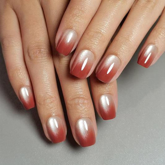 30 Pcs Soft Gel Press on Nails Short Square Shaped Fake Nails Luxurious Red Cats Eyes Gradient Designs Full Cover Thickened Stick on Nails Glossy Acrylic False Nails with Glue for Women Manicure