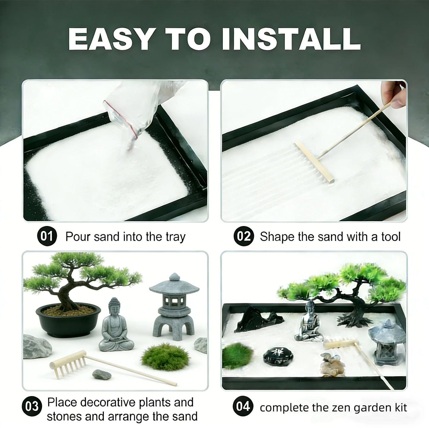 Zen Garden for Desk,Mini Oriental Antique Stone Sculpture Sand Tray, Desktop Zen Garden Kit for Adults, Meditation & Zen Decor, Unique Stress Relief Gift.
