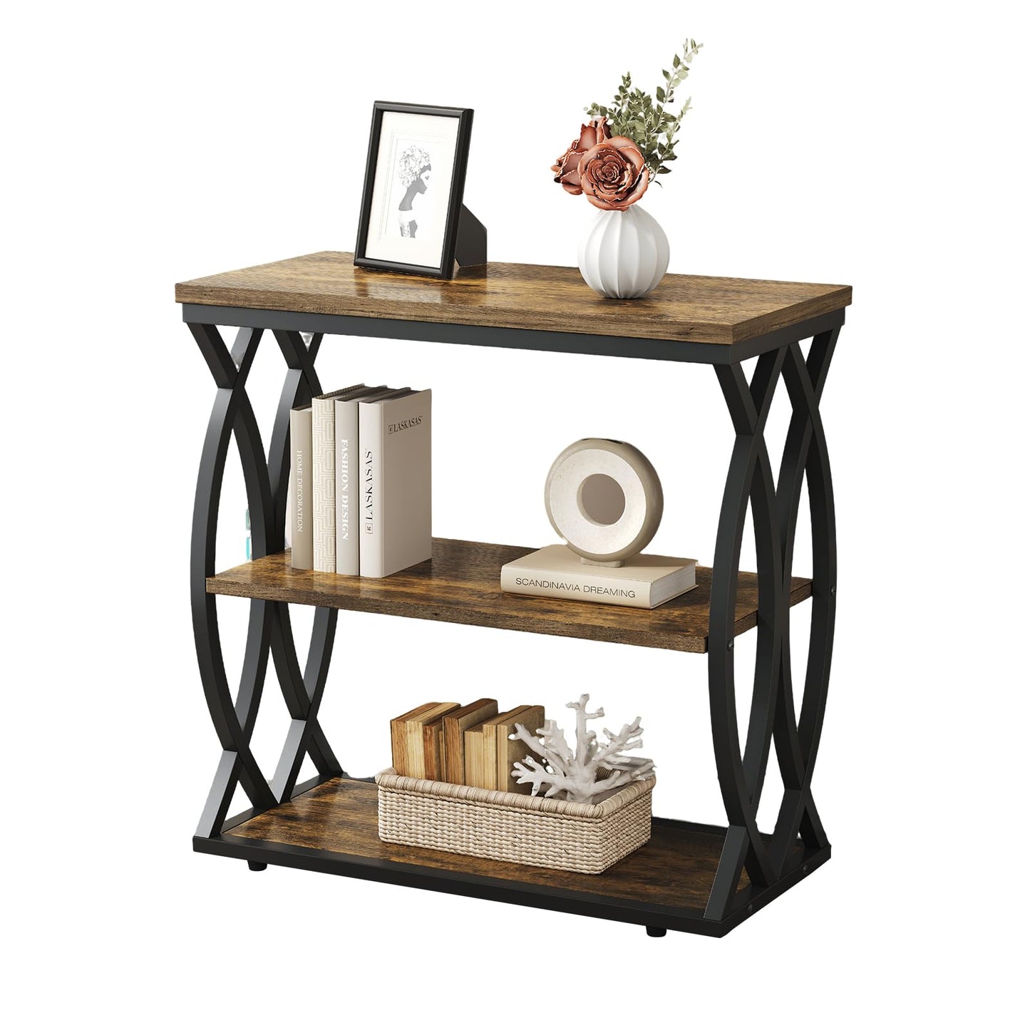 FJLHOHG End Table, Narrow Side Table, 3-Tier End Table with Metal Frame, Living Room Side Table with Storage for Couch, Sofa, Bedroom, Small Spaces, Easy Assembly, 23.6"D*11.8"W*23.6"H, Rustic Brown