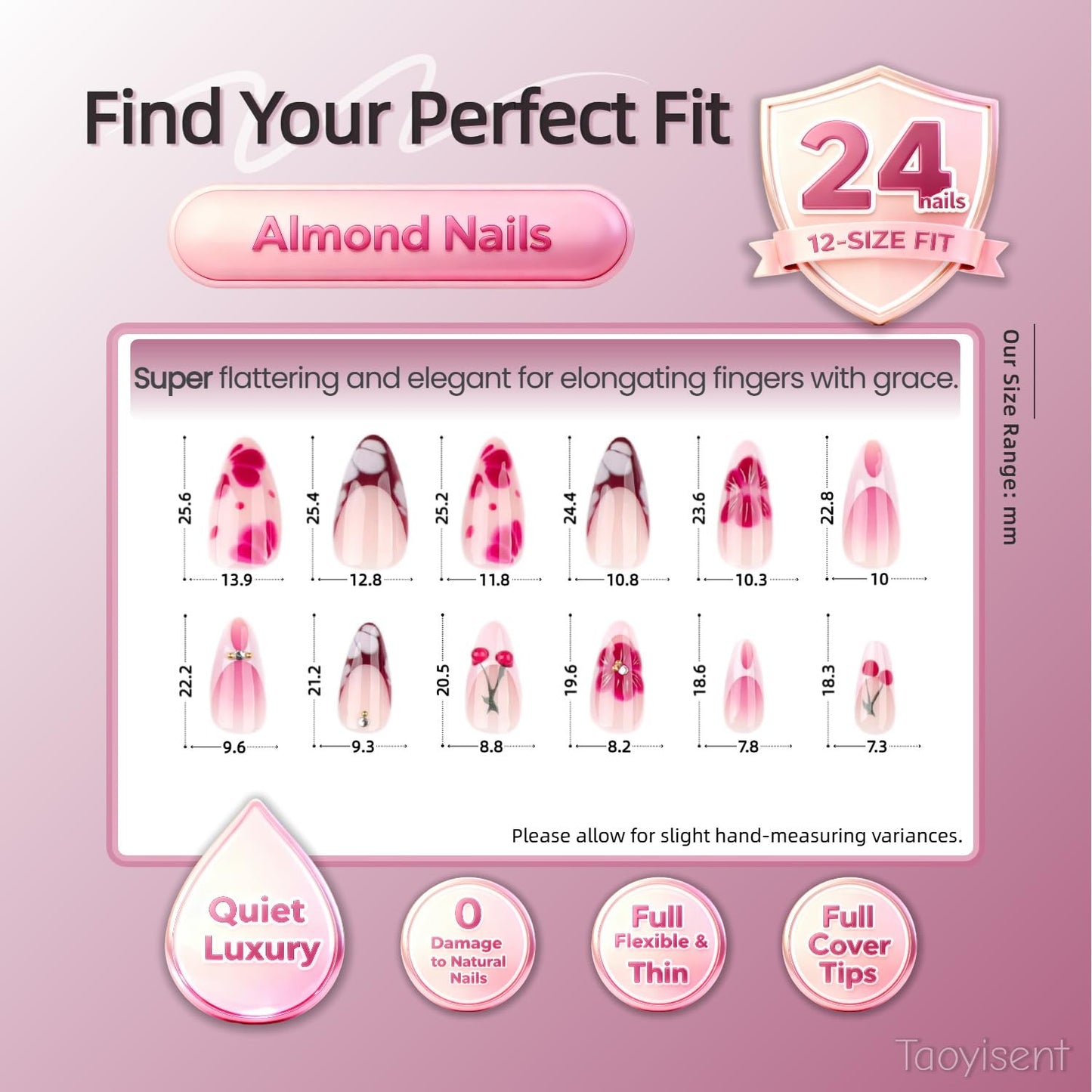 Taoyisent 3D Cherry Blossom Press On Nails, Rhinestone Floral Design Pink and Red Almond False Nails, Glossy Long Stick On Nails for Women, 24Pcs 3D Nail Kit