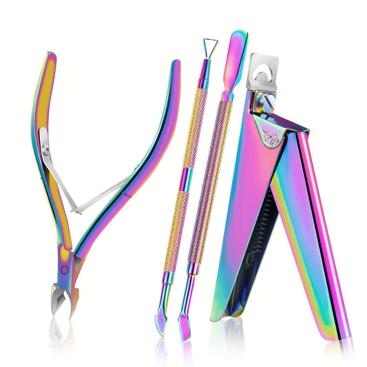 4Pcs Iridescent Nail Manicure Tool Set, Rainbow Stainless Steel Nail Clipper, Cuticle Nipper & Cuticle Pusher Kit, Professional Non-Slip Nail Prep Tools for Salon & Home DIY Manicure