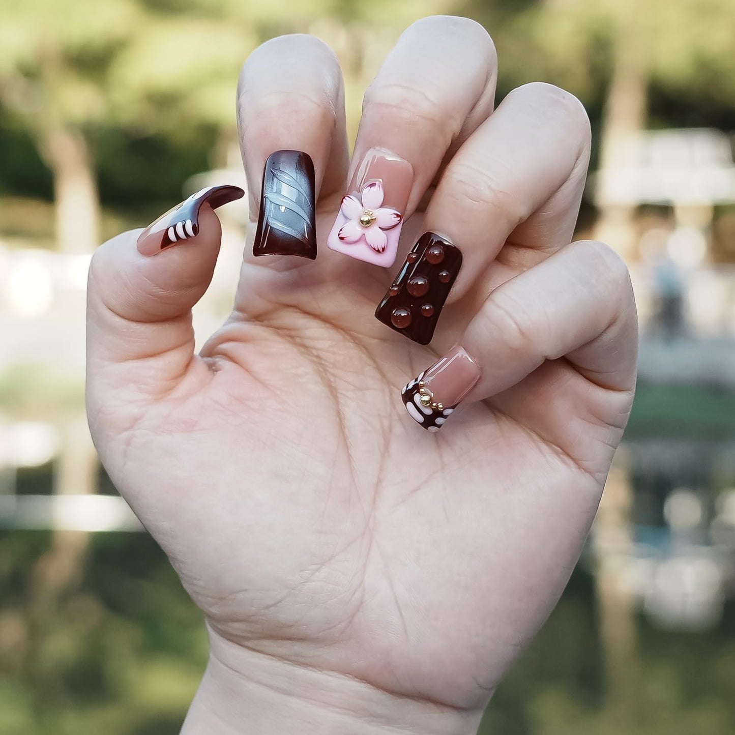 Tesytto Handmade Press on Nails Short Duck - Burgundy Nude Pink Ombre French Tip with 3D Cherry Flower & Y2K Gold Beads, Summer Reusable Acrylic Full Cover (Blush Mauve Flower Waltz, S)