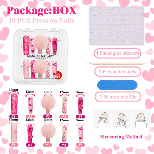 GREENTEA Faux Fur 3D Handmade Press On Nail Long,Nail Pink with Heart and Gem Accents, Colorful Baby with Storage packages 10 Pcs (Pink-M)